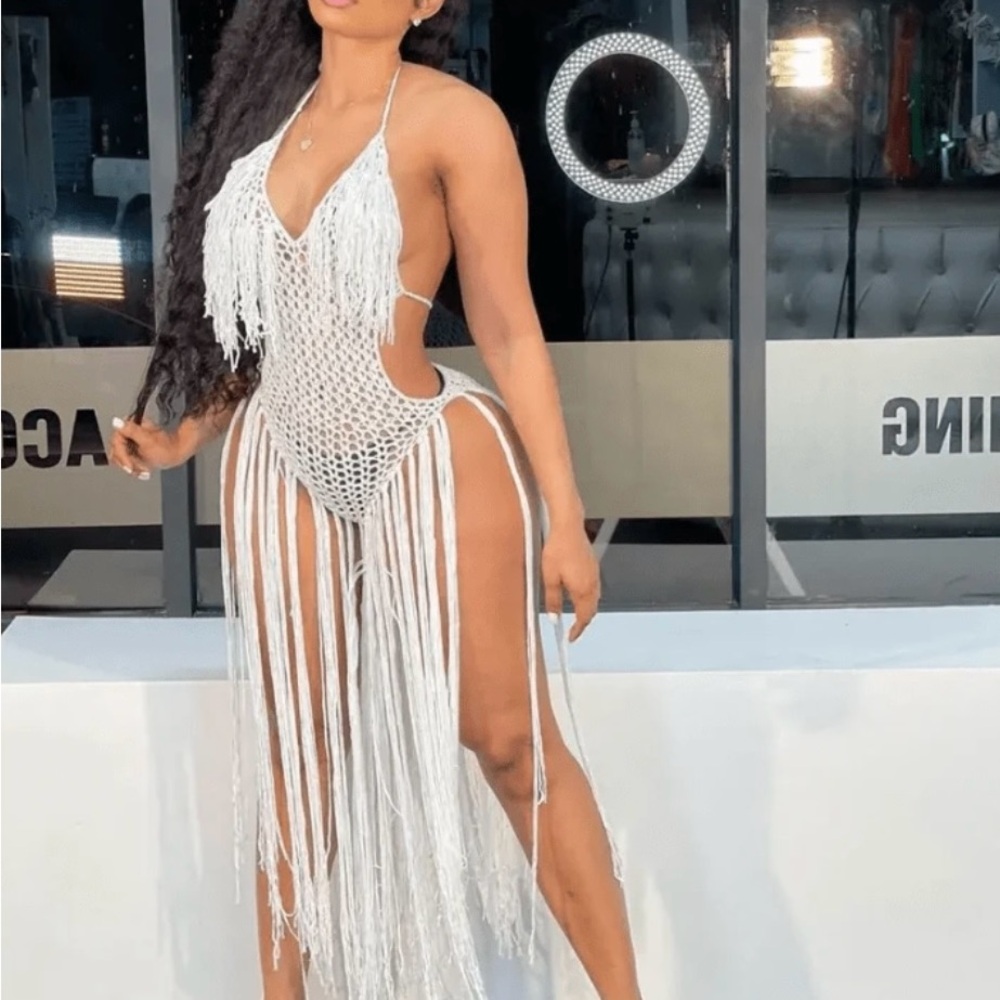 Miss Lola Sexy Crochet Knitted Beach Summer Dress Women Halter V Neck Tassel